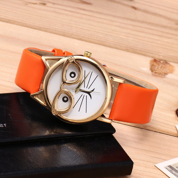 Adorable Cat Face Quartz Kids Watch - PU Strap & Metal Case - 40mm